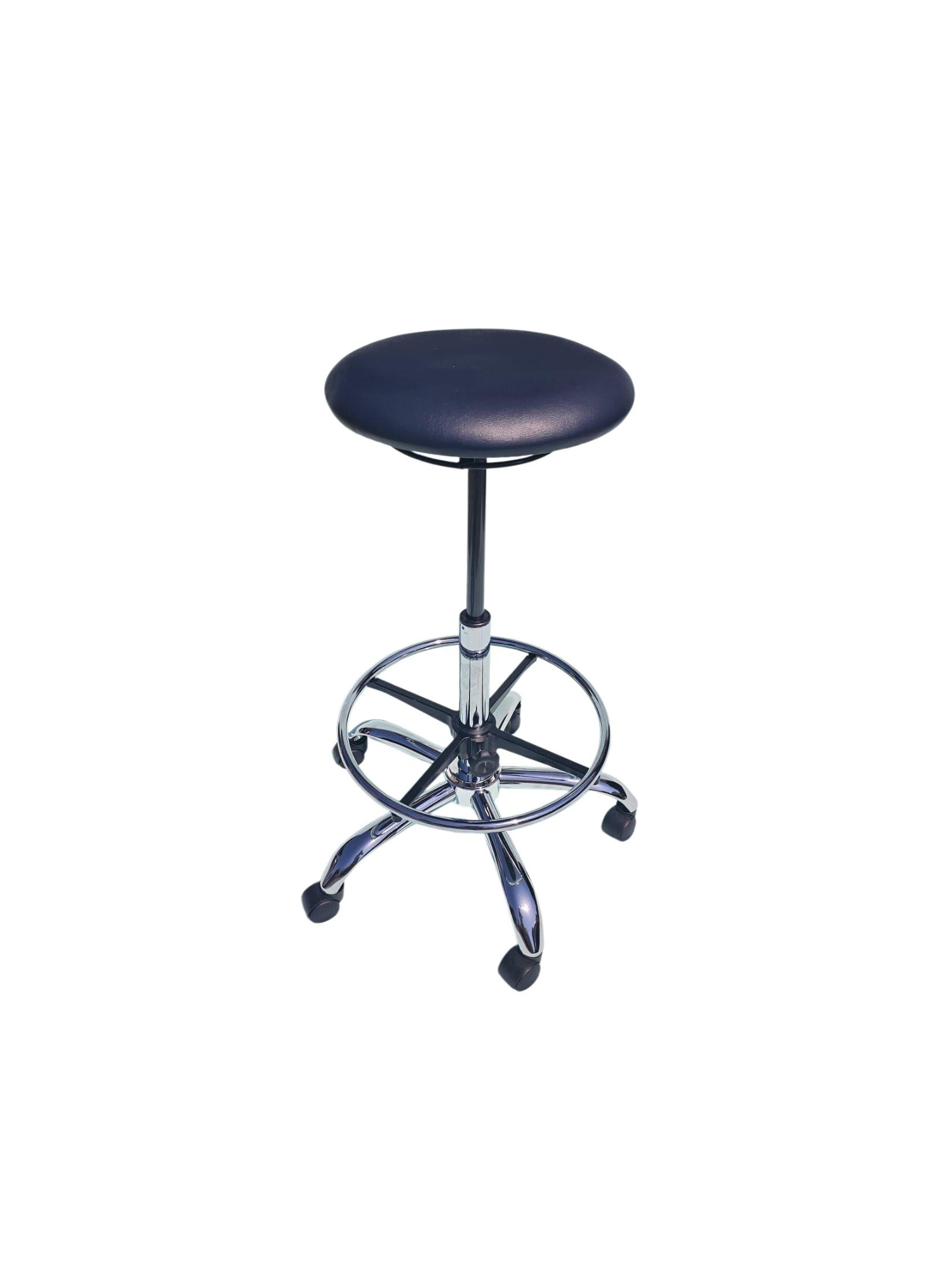 Black topped Deluxe operators stool with long gas strut and foot ring