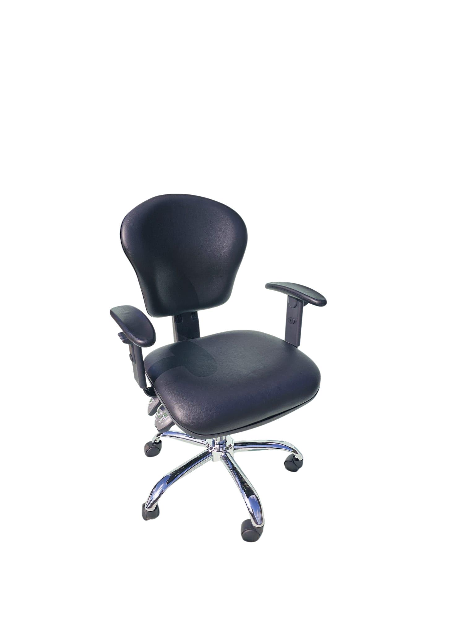 An office chair, in black with arms and adjustment with chrome legs and wheels.